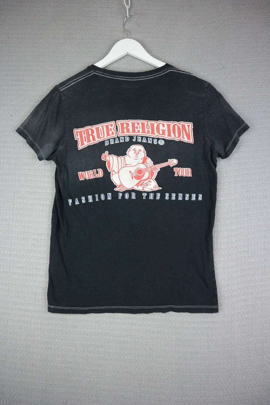 True Religion Big Graphic Faded Black Tee Vintage Y2K Mens Small